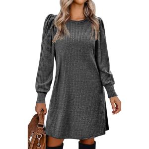 imageZeagoo Womens Knit Dress with Puff Sleeves for Fall ampamp Winter  Round Neck Casual Tunic DressDark Grey