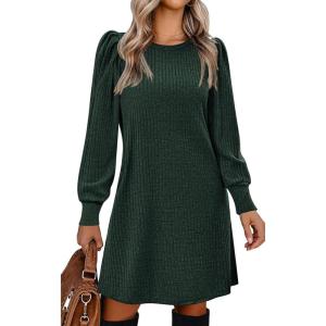 imageZeagoo Womens Knit Dress with Puff Sleeves for Fall ampamp Winter  Round Neck Casual Tunic DressDeep Green