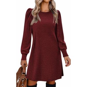 imageZeagoo Womens Knit Dress with Puff Sleeves for Fall ampamp Winter  Round Neck Casual Tunic DressDeep Red