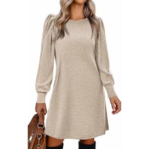 imageZeagoo Womens Knit Dress with Puff Sleeves for Fall ampamp Winter  Round Neck Casual Tunic DressKhaki