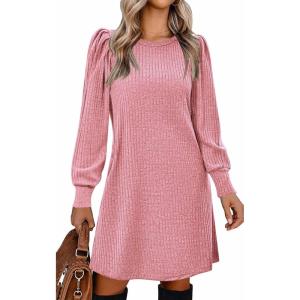 imageZeagoo Womens Knit Dress with Puff Sleeves for Fall ampamp Winter  Round Neck Casual Tunic DressLight Pink