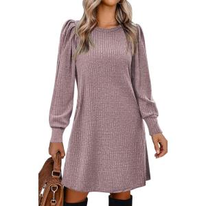 imageZeagoo Womens Knit Dress with Puff Sleeves for Fall ampamp Winter  Round Neck Casual Tunic DressPale Pink