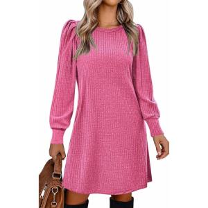 imageZeagoo Womens Knit Dress with Puff Sleeves for Fall ampamp Winter  Round Neck Casual Tunic DressRose Pink