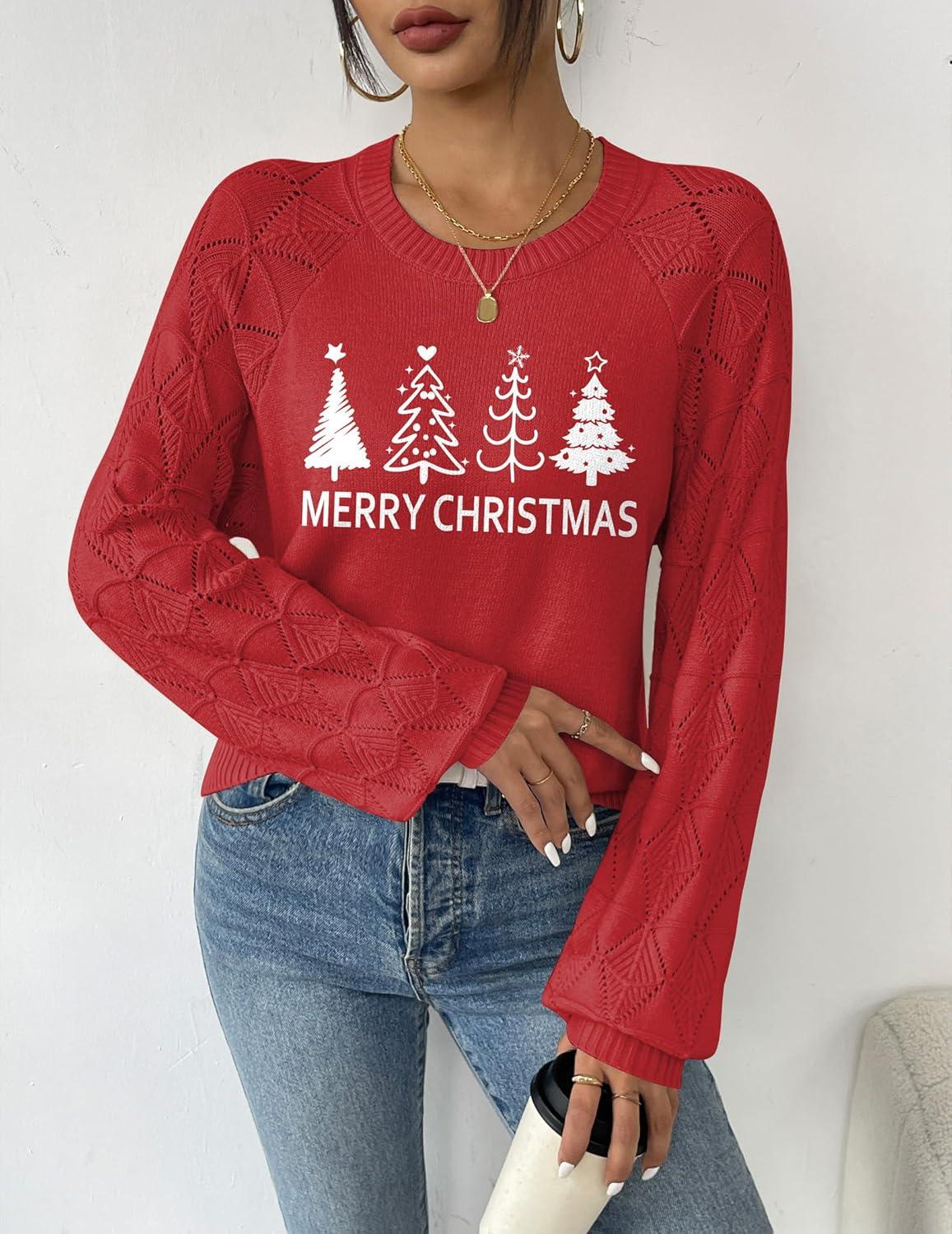 imageZeagoo Womens Sweaters 2025 Long Sleeve Crew Neck Lightweight Pullover Knitted Cute Fall Fashion TopsSd Red Tree