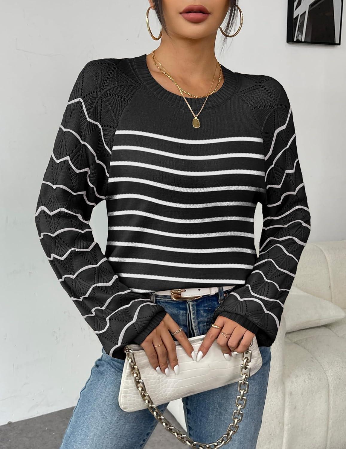 imageZeagoo Womens Sweaters 2025 Long Sleeve Crew Neck Lightweight Pullover Knitted Cute Fall Fashion TopsStripe Black