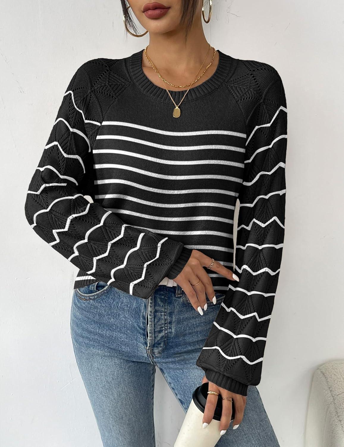 imageZeagoo Womens Sweaters 2025 Long Sleeve Crew Neck Lightweight Pullover Knitted Cute Fall Fashion TopsStripe Black