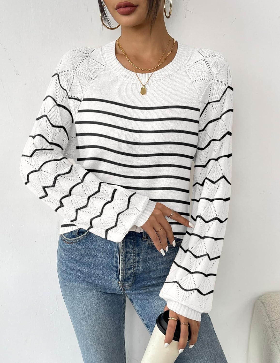 imageZeagoo Womens Sweaters 2025 Long Sleeve Crew Neck Lightweight Pullover Knitted Cute Fall Fashion TopsStripe White