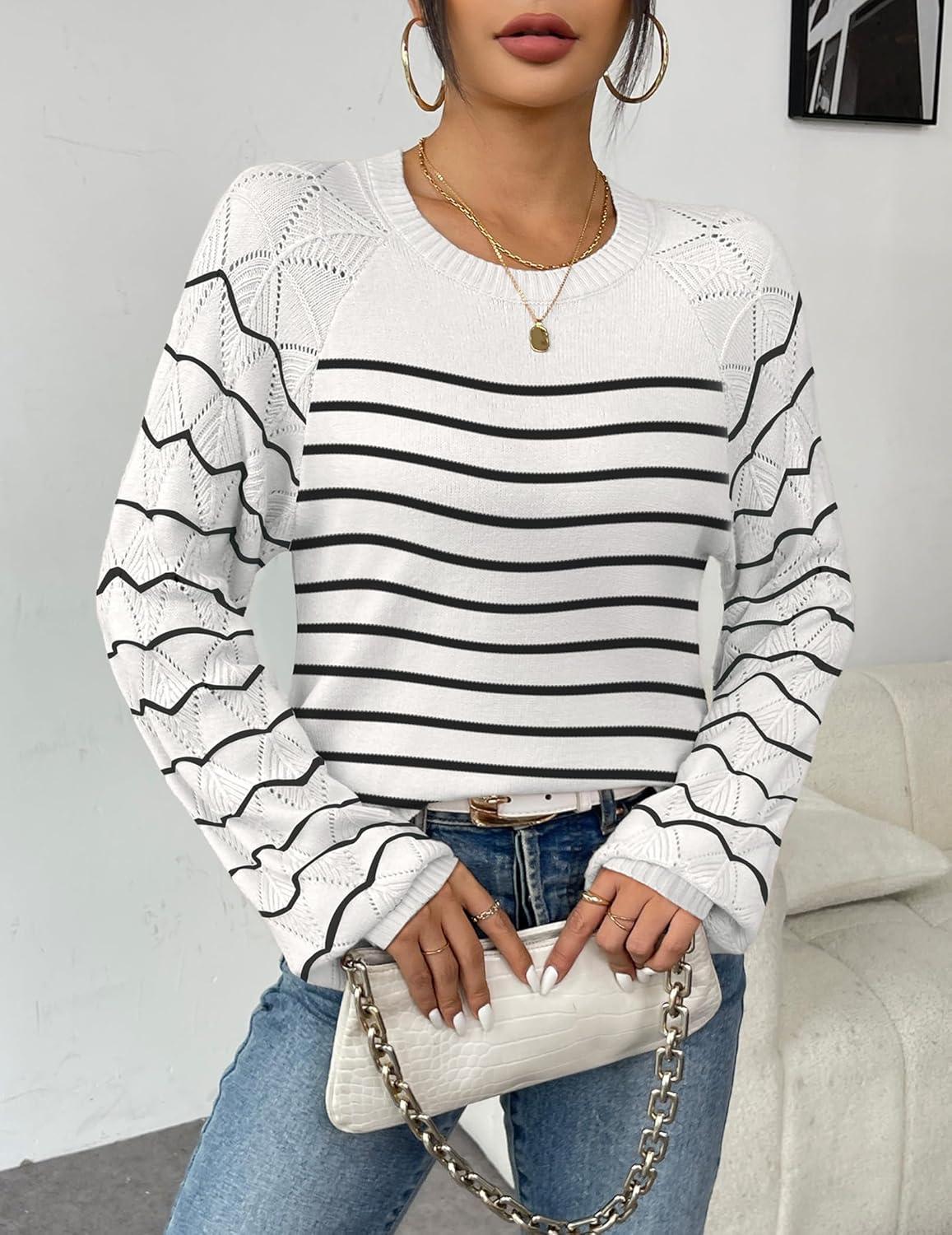 imageZeagoo Womens Sweaters 2025 Long Sleeve Crew Neck Lightweight Pullover Knitted Cute Fall Fashion TopsStripe White