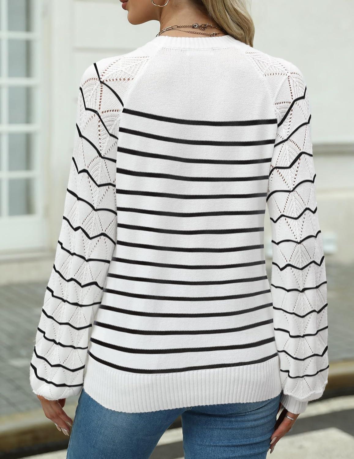 imageZeagoo Womens Sweaters 2025 Long Sleeve Crew Neck Lightweight Pullover Knitted Cute Fall Fashion TopsStripe White