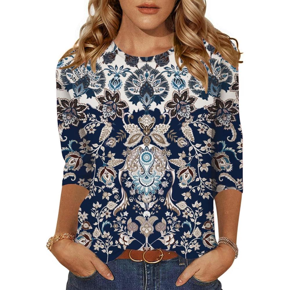 imageZeagoo Womens Casual 34 Sleeve TShirts Round Neck Cute Tunic Tops Basic Tees Blouses Business Work Tee TopNavy Bohomz873