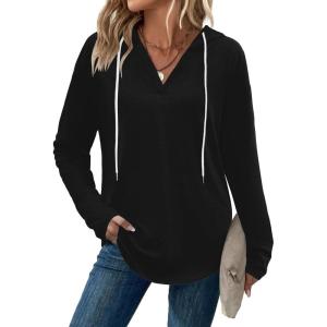 imageZeagoo Hoodies for Women Long Sleeve Drawstring V Neck Pullover Sweatshirts Shirts Loose Casual Fall TopsBlack