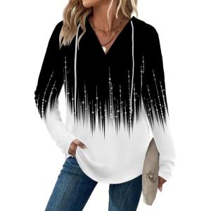 imageZeagoo Hoodies for Women Long Sleeve Drawstring V Neck Pullover Sweatshirts Shirts Loose Casual Fall TopsBlackwhite