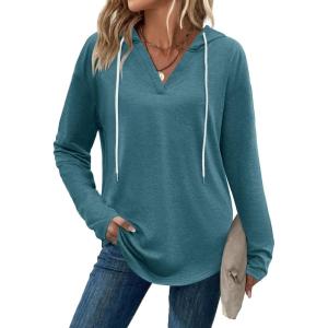 imageZeagoo Hoodies for Women Long Sleeve Drawstring V Neck Pullover Sweatshirts Shirts Loose Casual Fall TopsBlue Green