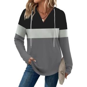 imageZeagoo Hoodies for Women Long Sleeve Drawstring V Neck Pullover Sweatshirts Shirts Loose Casual Fall TopsGrey Black