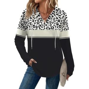 imageZeagoo Hoodies for Women Long Sleeve Drawstring V Neck Pullover Sweatshirts Shirts Loose Casual Fall TopsLeopard Black
