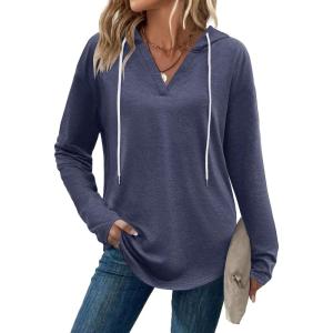 imageZeagoo Hoodies for Women Long Sleeve Drawstring V Neck Pullover Sweatshirts Shirts Loose Casual Fall TopsNavy Blue