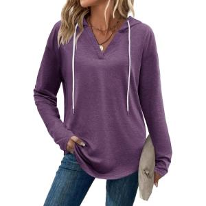 imageZeagoo Hoodies for Women Long Sleeve Drawstring V Neck Pullover Sweatshirts Shirts Loose Casual Fall TopsPurple