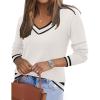 imageZeagoo Womens 2025 Fall V Neck Sweater Trendy Long Sleeve Casual Lightweight Ribbed Knit Pullover TopsWhite Stripe