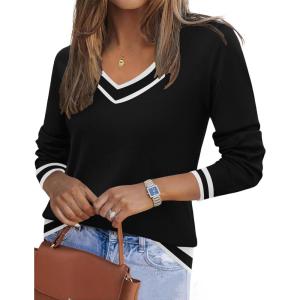 imageZeagoo Womens 2025 Fall V Neck Sweater Trendy Long Sleeve Casual Lightweight Ribbed Knit Pullover TopsBlack Stripe