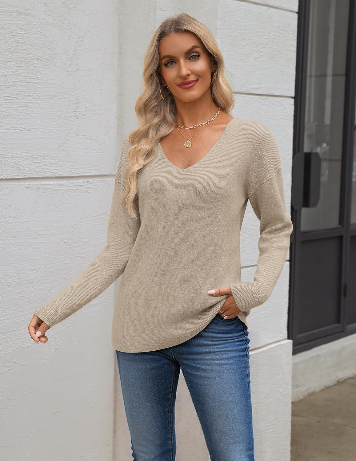 imageZeagoo Womens 2025 Fall Sweaters Long Sleeve V Neck Knit Pullovers Business Casual Sweater TopsApricot