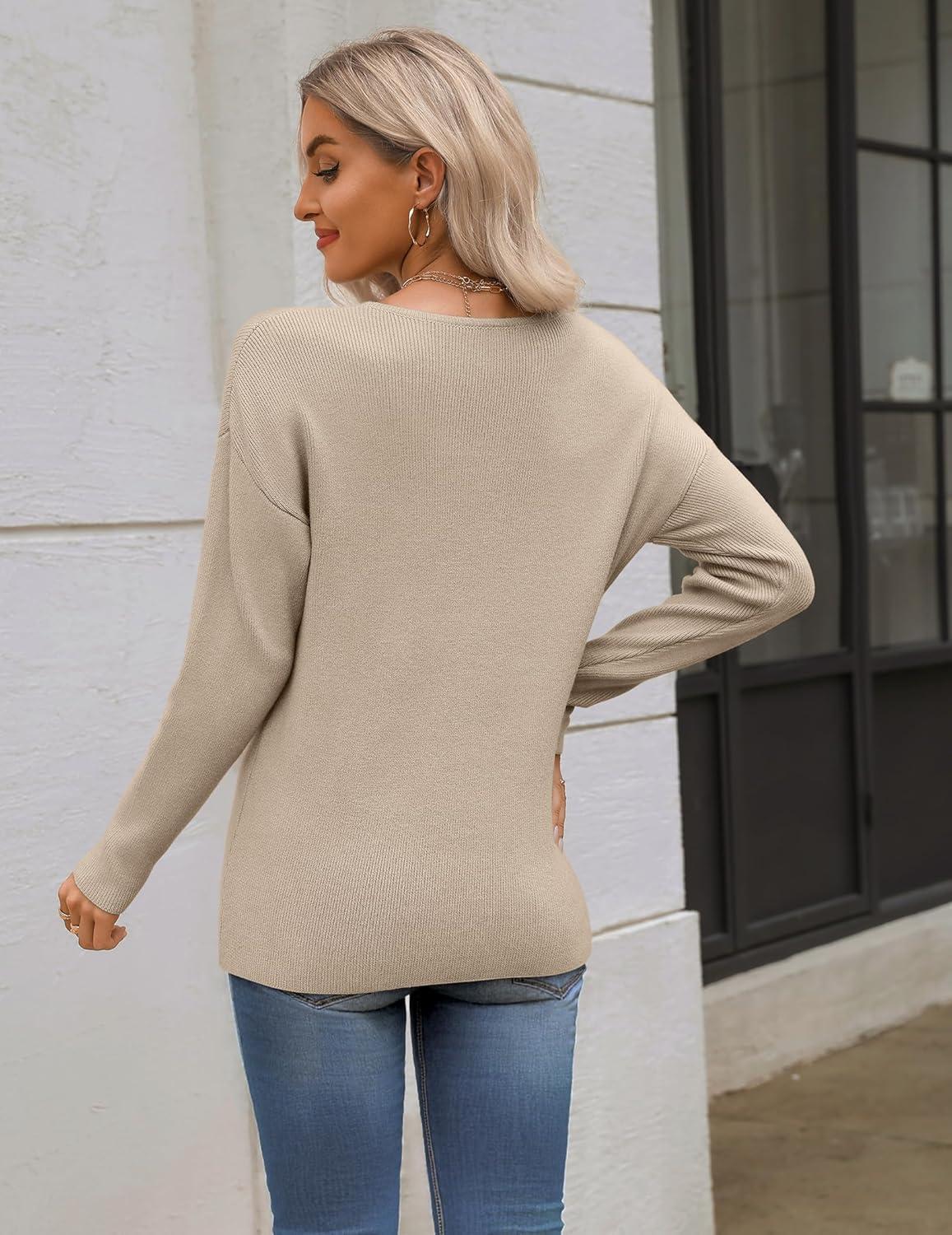 imageZeagoo Womens 2025 Fall Sweaters Long Sleeve V Neck Knit Pullovers Business Casual Sweater TopsApricot