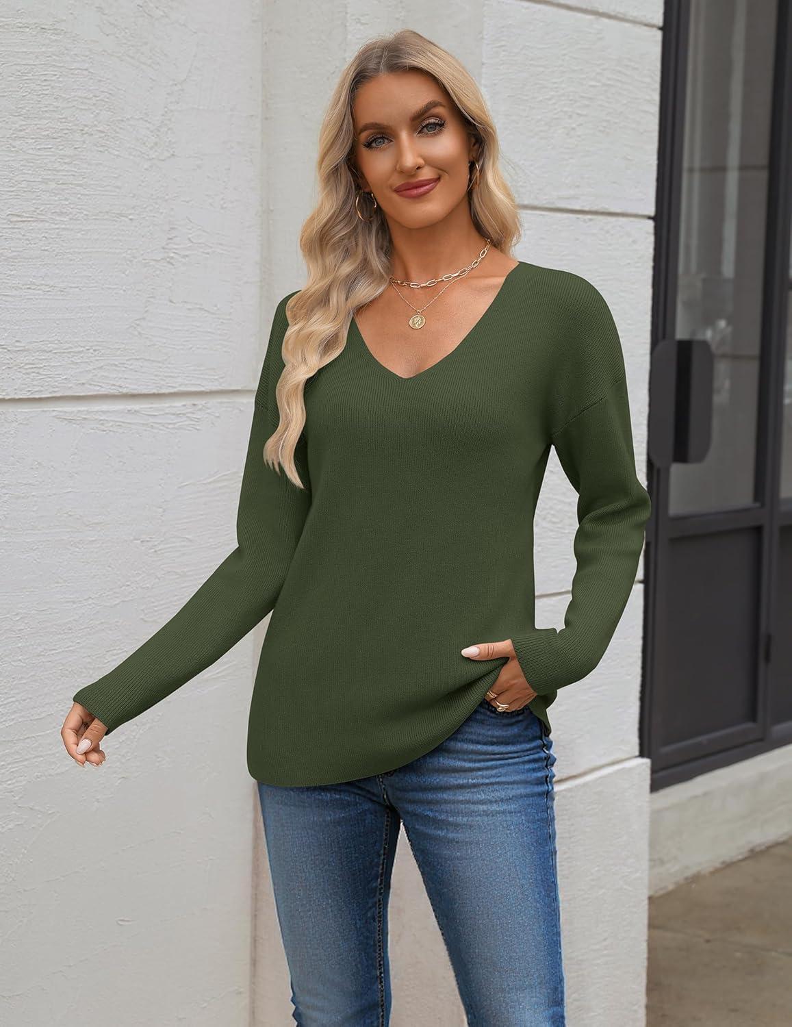 imageZeagoo Womens 2025 Fall Sweaters Long Sleeve V Neck Knit Pullovers Business Casual Sweater TopsArmy Green