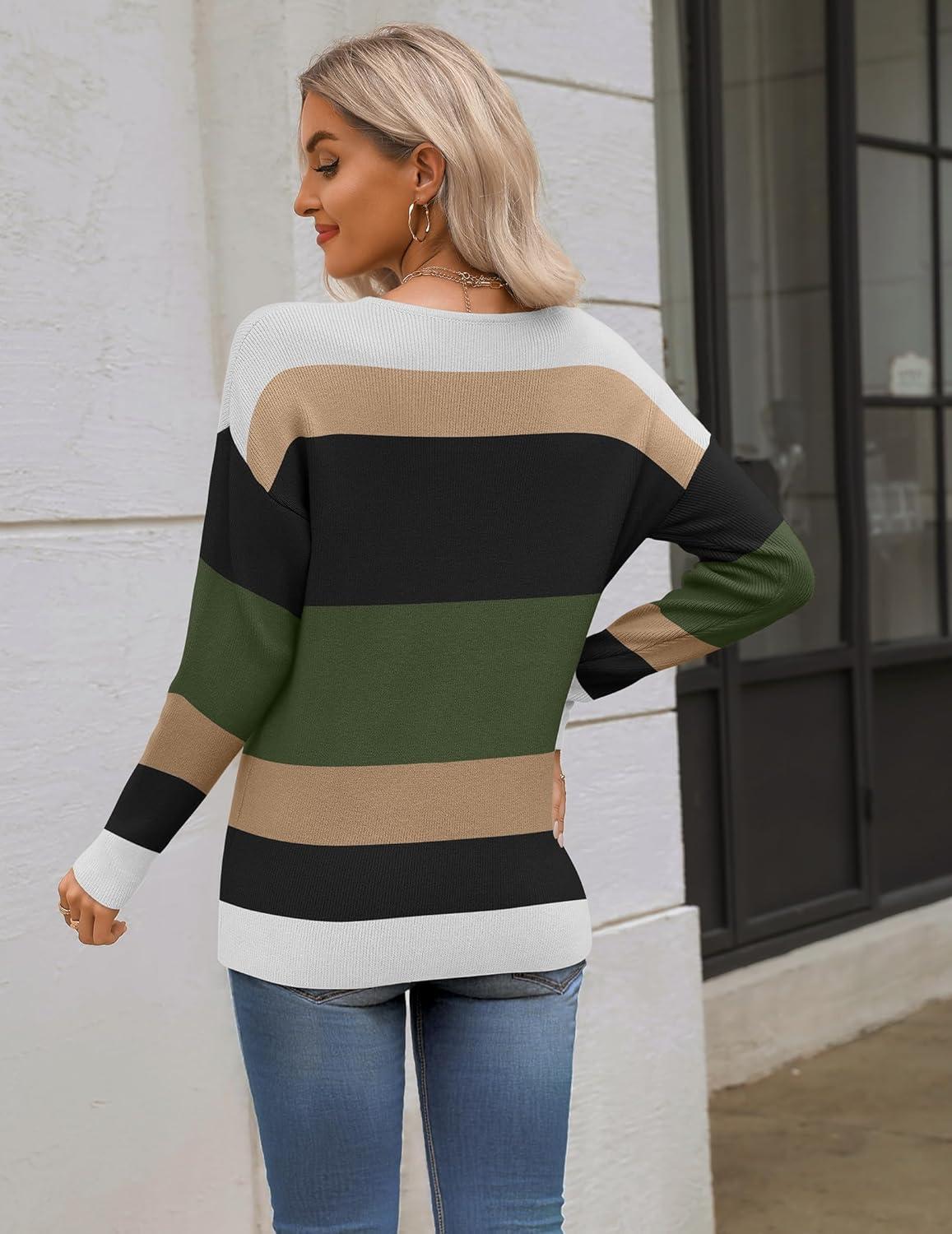 imageZeagoo Womens 2025 Fall Sweaters Long Sleeve V Neck Knit Pullovers Business Casual Sweater TopsArmy Stripe