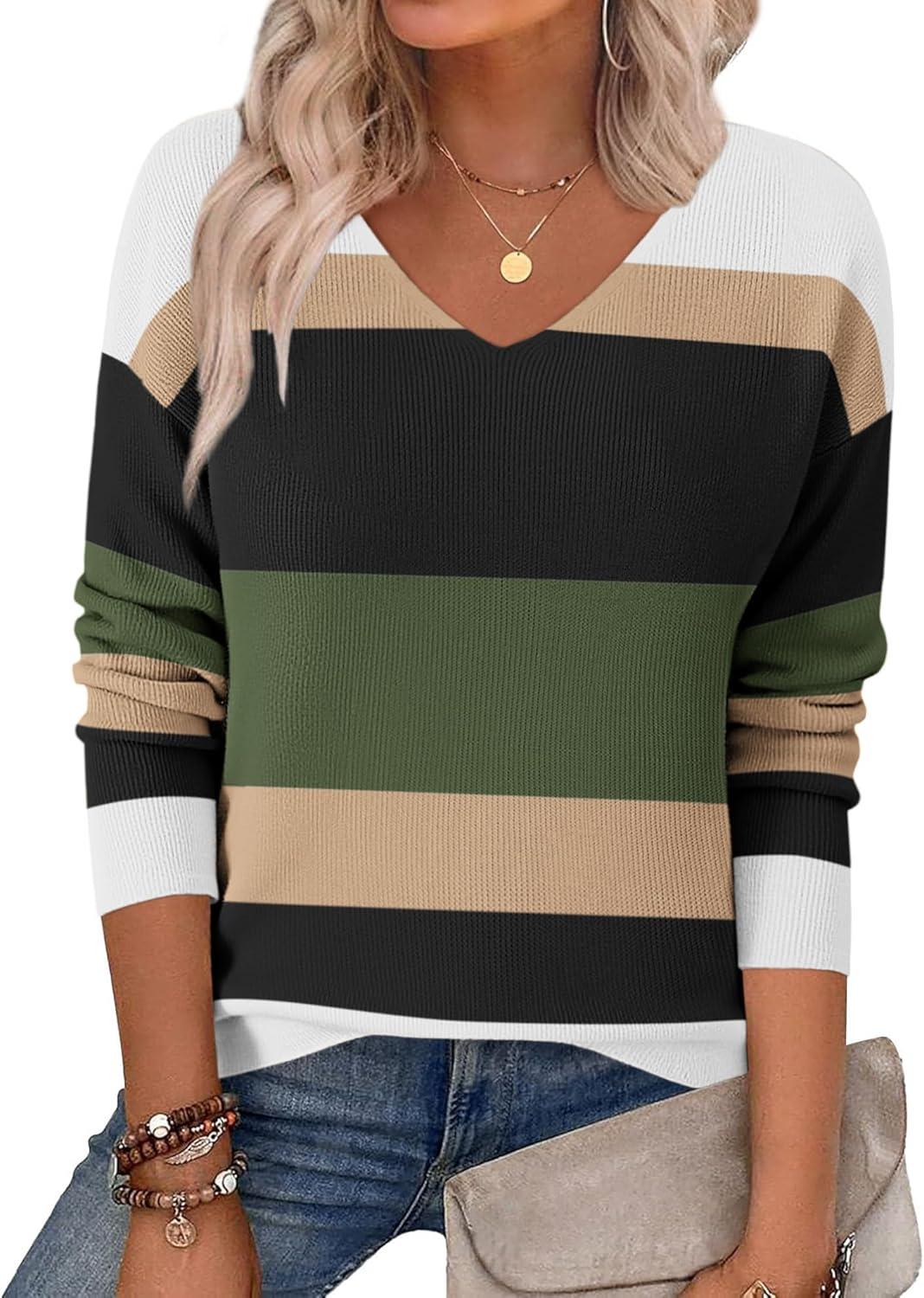 imageZeagoo Womens 2025 Fall Sweaters Long Sleeve V Neck Knit Pullovers Business Casual Sweater TopsArmy Stripe