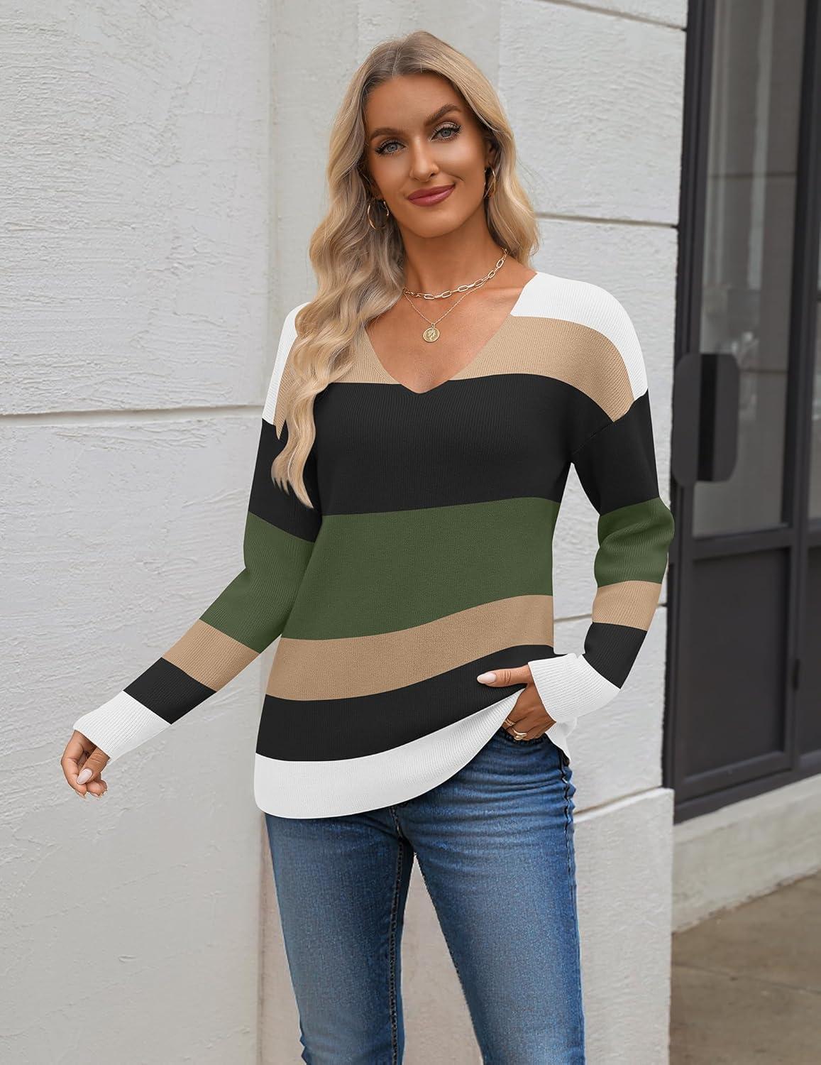 imageZeagoo Womens 2025 Fall Sweaters Long Sleeve V Neck Knit Pullovers Business Casual Sweater TopsArmy Stripe