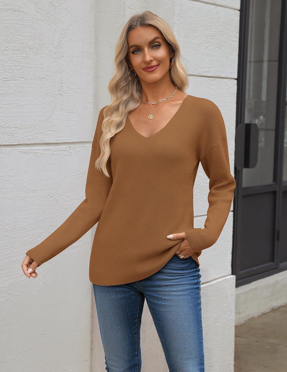 imageZeagoo Womens 2025 Fall Sweaters Long Sleeve V Neck Knit Pullovers Business Casual Sweater TopsCoffee
