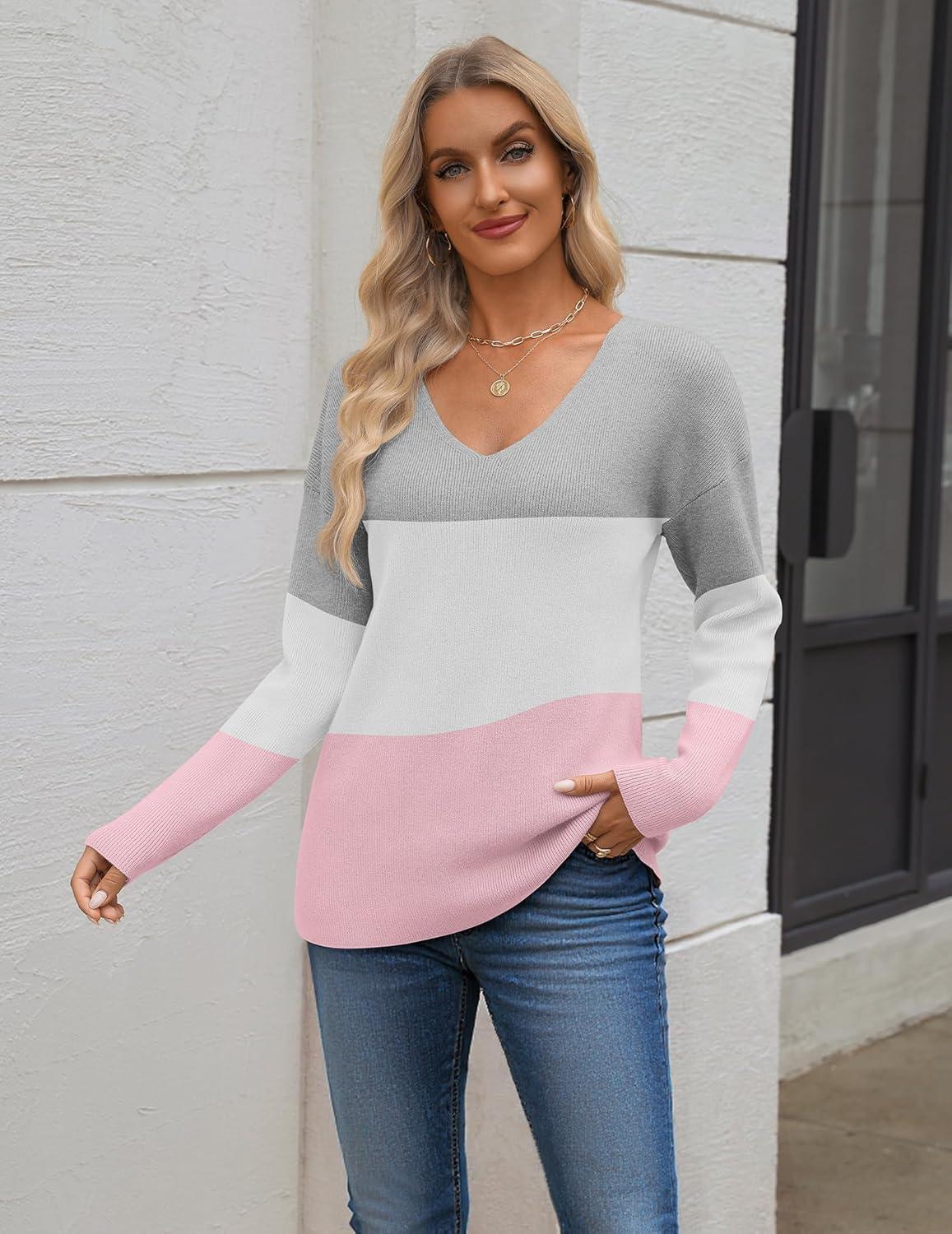 imageZeagoo Womens 2025 Fall Sweaters Long Sleeve V Neck Knit Pullovers Business Casual Sweater TopsGreypink