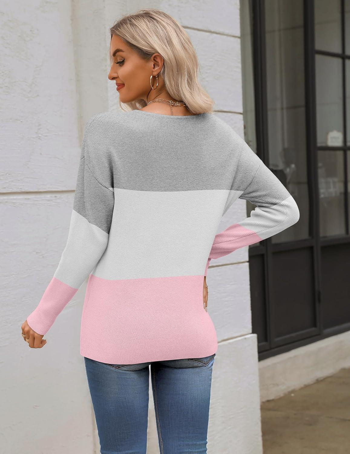 imageZeagoo Womens 2025 Fall Sweaters Long Sleeve V Neck Knit Pullovers Business Casual Sweater TopsGreypink