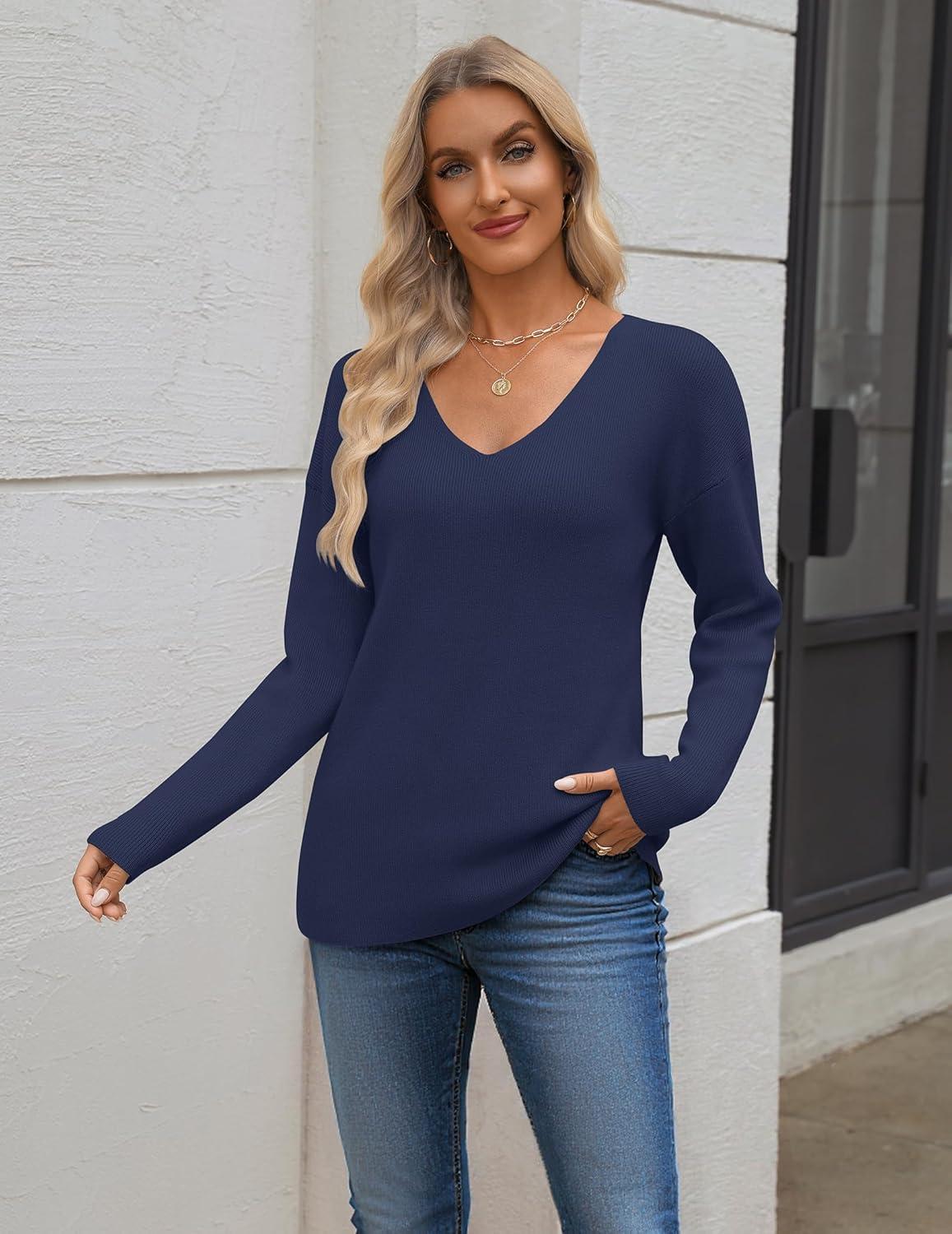 imageZeagoo Womens 2025 Fall Sweaters Long Sleeve V Neck Knit Pullovers Business Casual Sweater TopsNavy