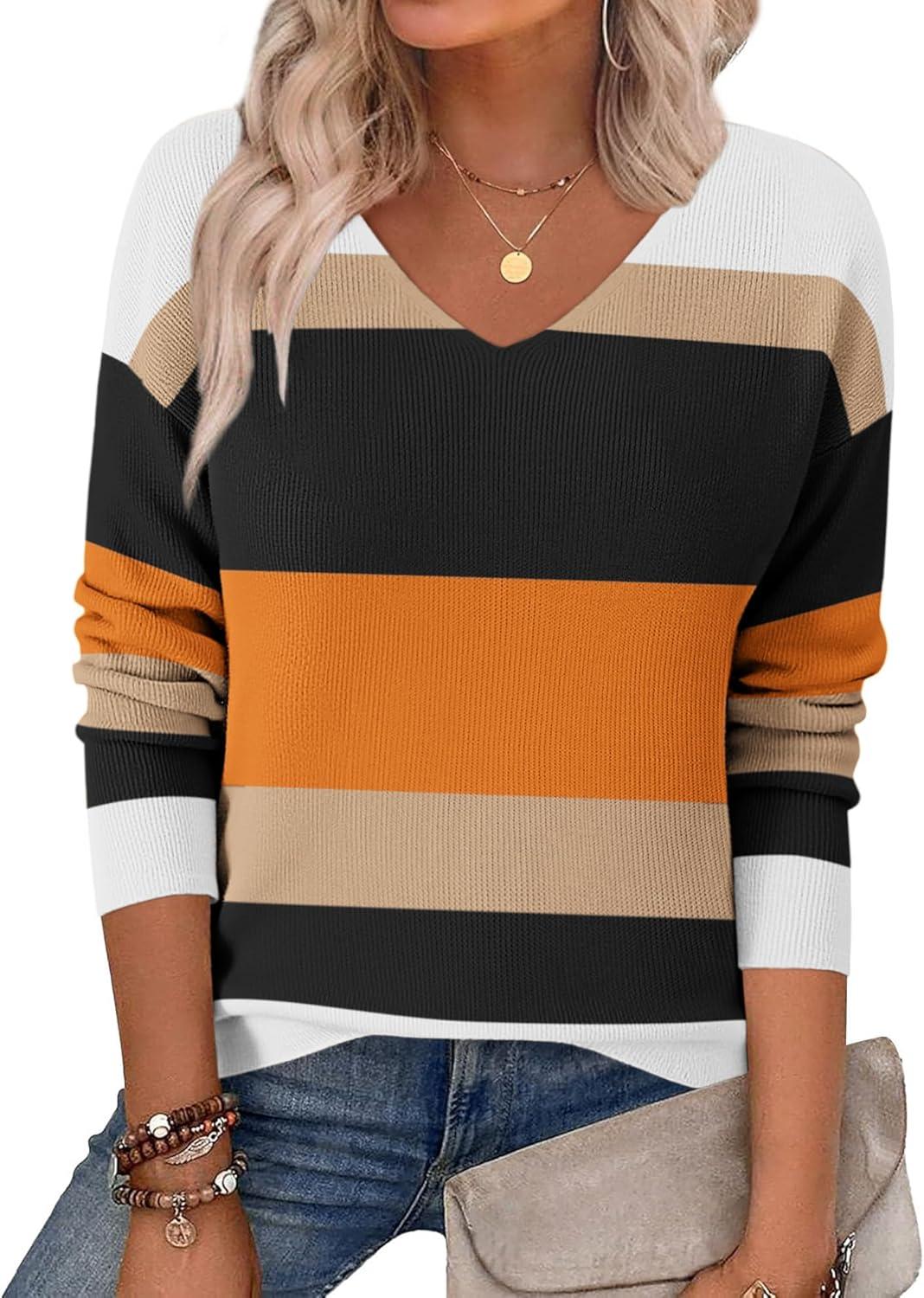 imageZeagoo Womens 2025 Fall Sweaters Long Sleeve V Neck Knit Pullovers Business Casual Sweater TopsOrange Stripe