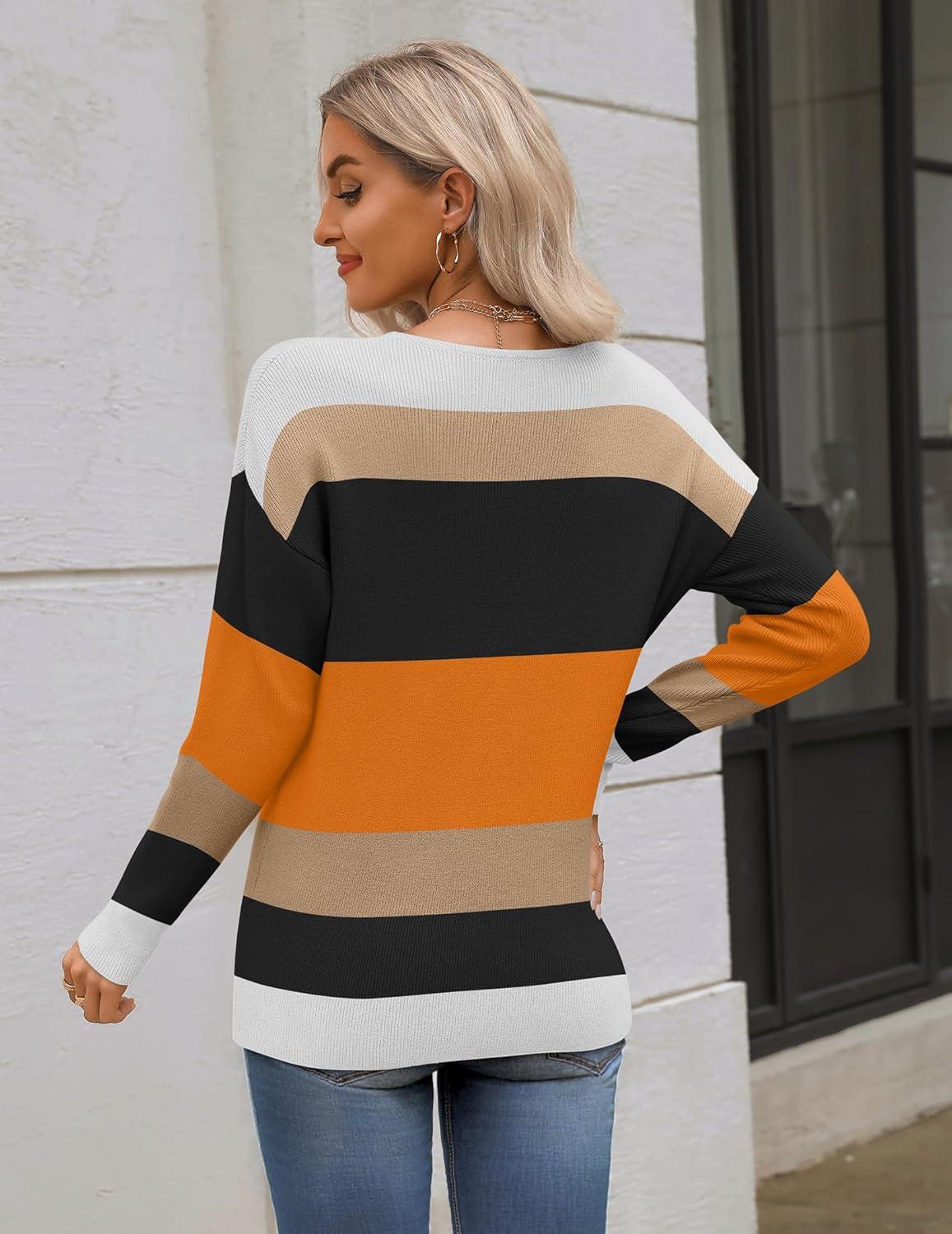 imageZeagoo Womens 2025 Fall Sweaters Long Sleeve V Neck Knit Pullovers Business Casual Sweater TopsOrange Stripe