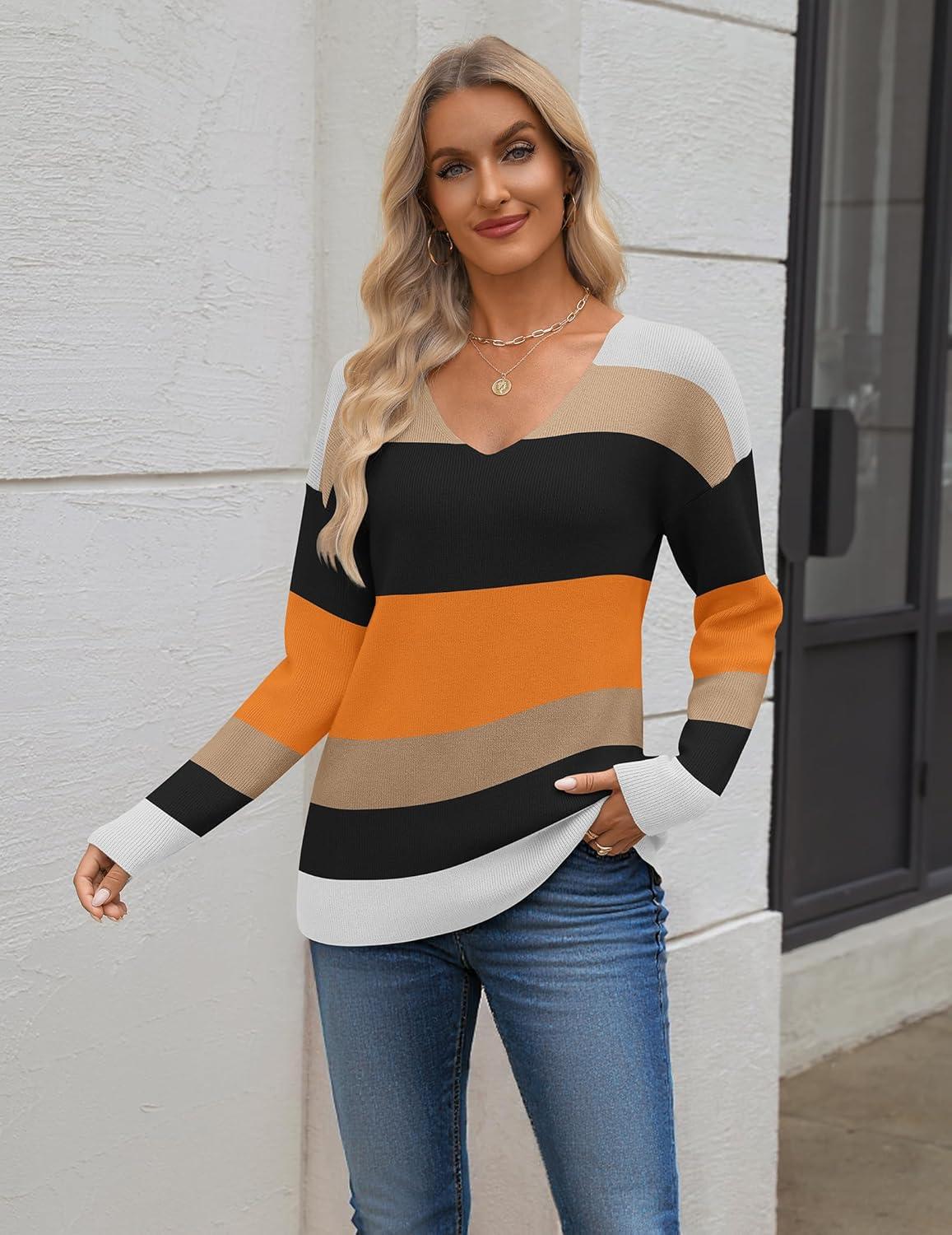 imageZeagoo Womens 2025 Fall Sweaters Long Sleeve V Neck Knit Pullovers Business Casual Sweater TopsOrange Stripe