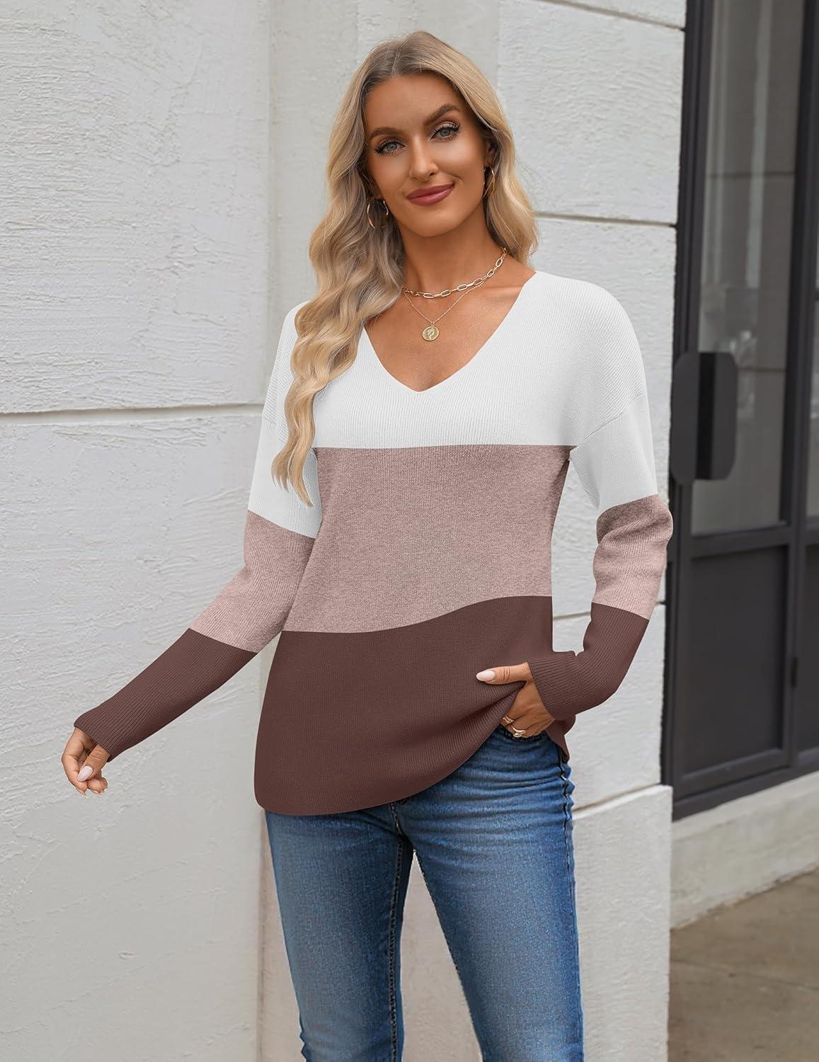 imageZeagoo Womens 2025 Fall Sweaters Long Sleeve V Neck Knit Pullovers Business Casual Sweater TopsWhitepurple