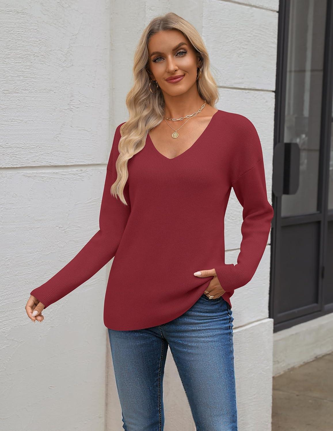 imageZeagoo Womens 2025 Fall Sweaters Long Sleeve V Neck Knit Pullovers Business Casual Sweater TopsWine Red