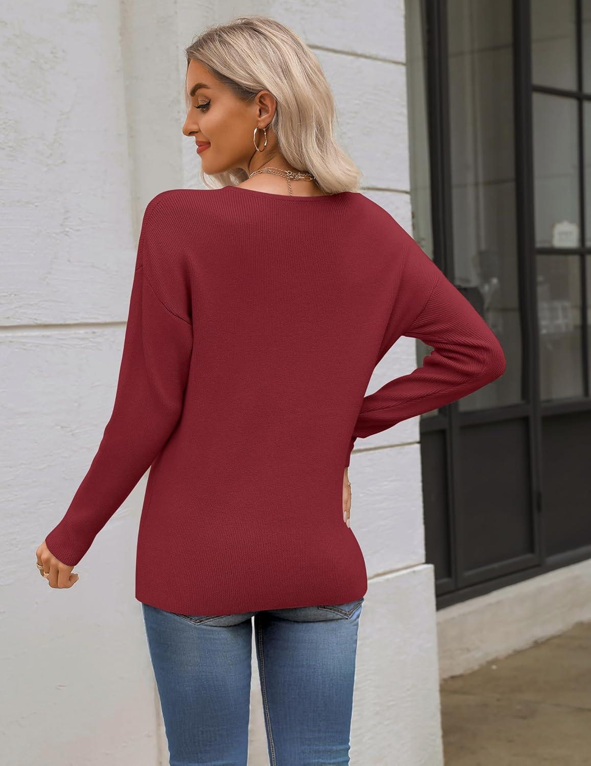imageZeagoo Womens 2025 Fall Sweaters Long Sleeve V Neck Knit Pullovers Business Casual Sweater TopsWine Red