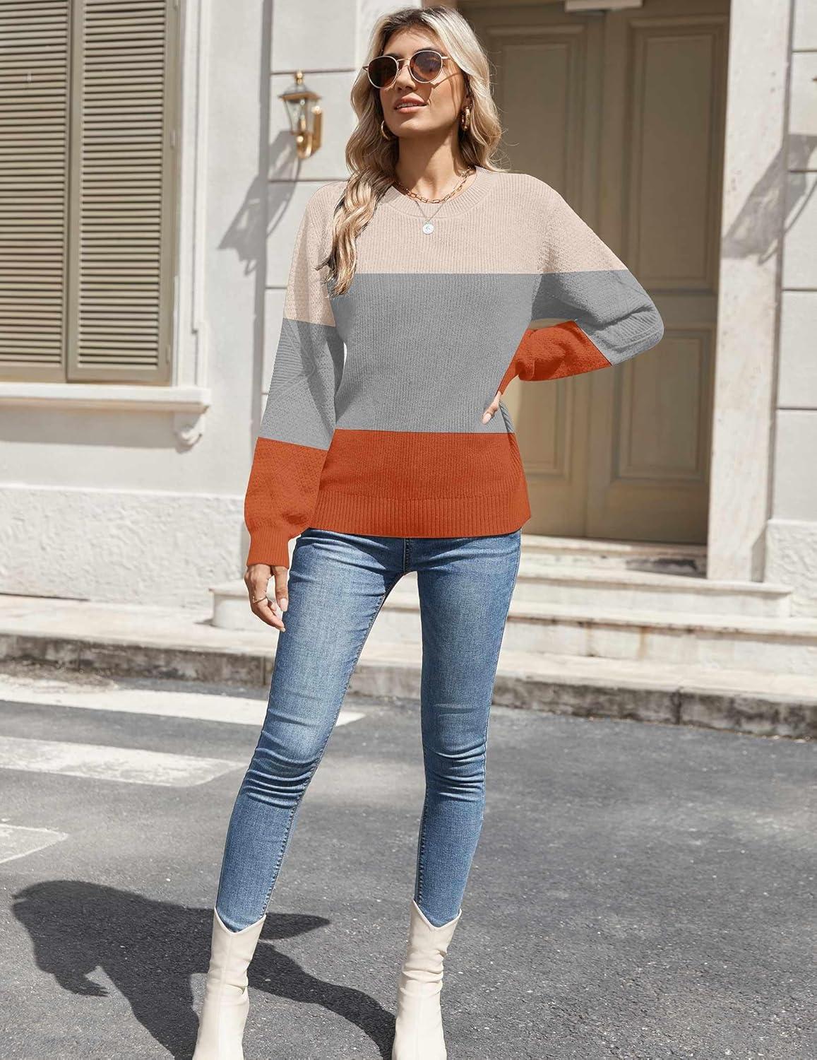 imageZeagoo Womens Fall Tops 2025 Fashion V Neck Long Sleeve Pullover Sweater SXXLWhite Gray Orange
