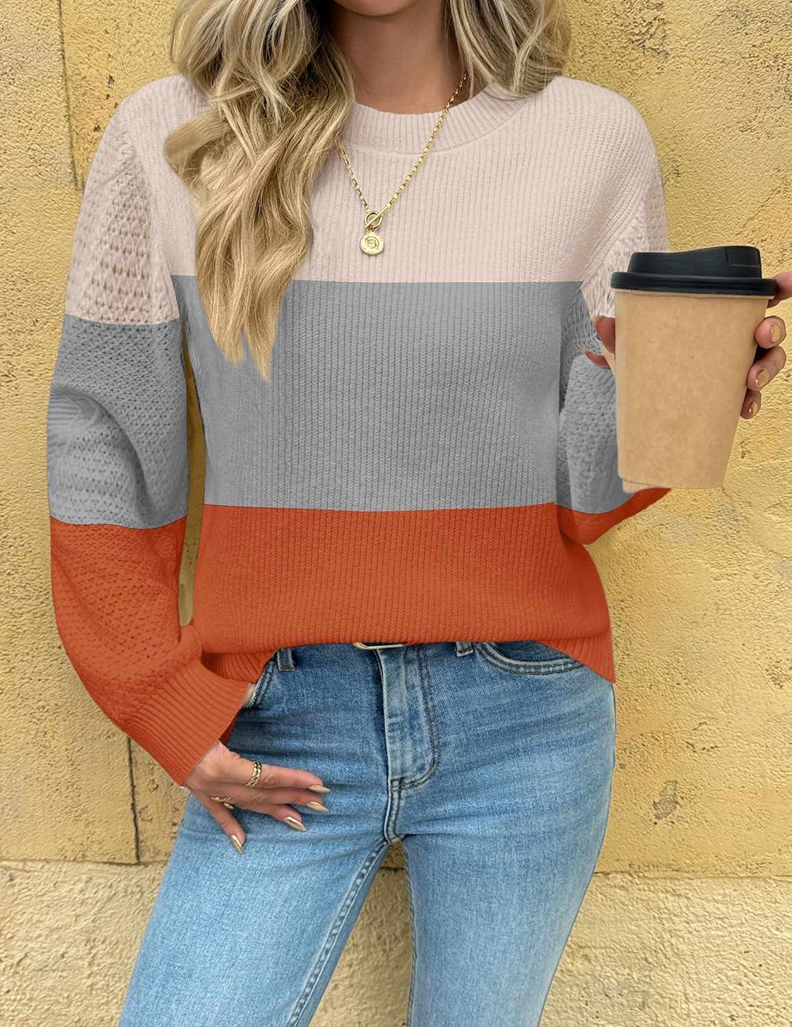 imageZeagoo Womens Fall Tops 2025 Fashion V Neck Long Sleeve Pullover Sweater SXXLWhite Gray Orange