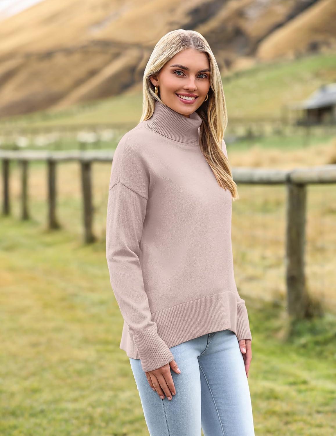 imageZeagoo Womens Turtleneck Sweater 2025 Fall Winter Chunky Knitted Pullover High Low Hem Trendy Basic Jumper TopApricot