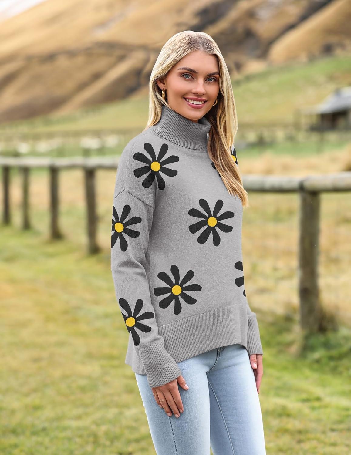 imageZeagoo Womens Turtleneck Sweater 2025 Fall Winter Chunky Knitted Pullover High Low Hem Trendy Basic Jumper TopApricot Flower