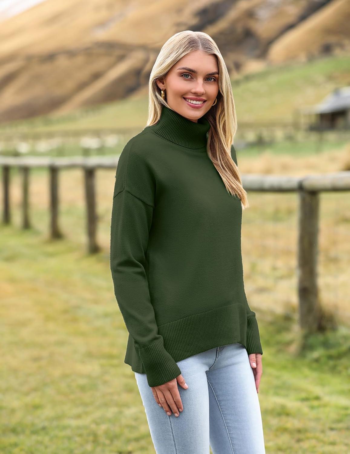 imageZeagoo Womens Turtleneck Sweater 2025 Fall Winter Chunky Knitted Pullover High Low Hem Trendy Basic Jumper TopArmy Green