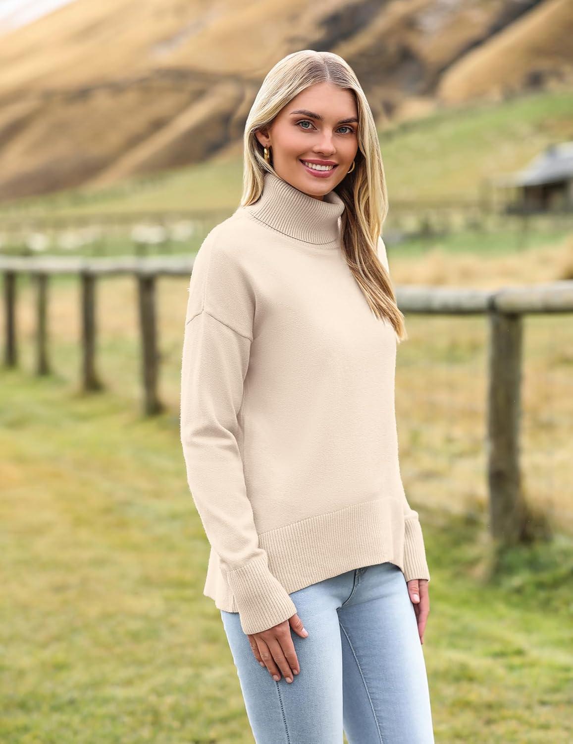 imageZeagoo Womens Turtleneck Sweater 2025 Fall Winter Chunky Knitted Pullover High Low Hem Trendy Basic Jumper TopBeige