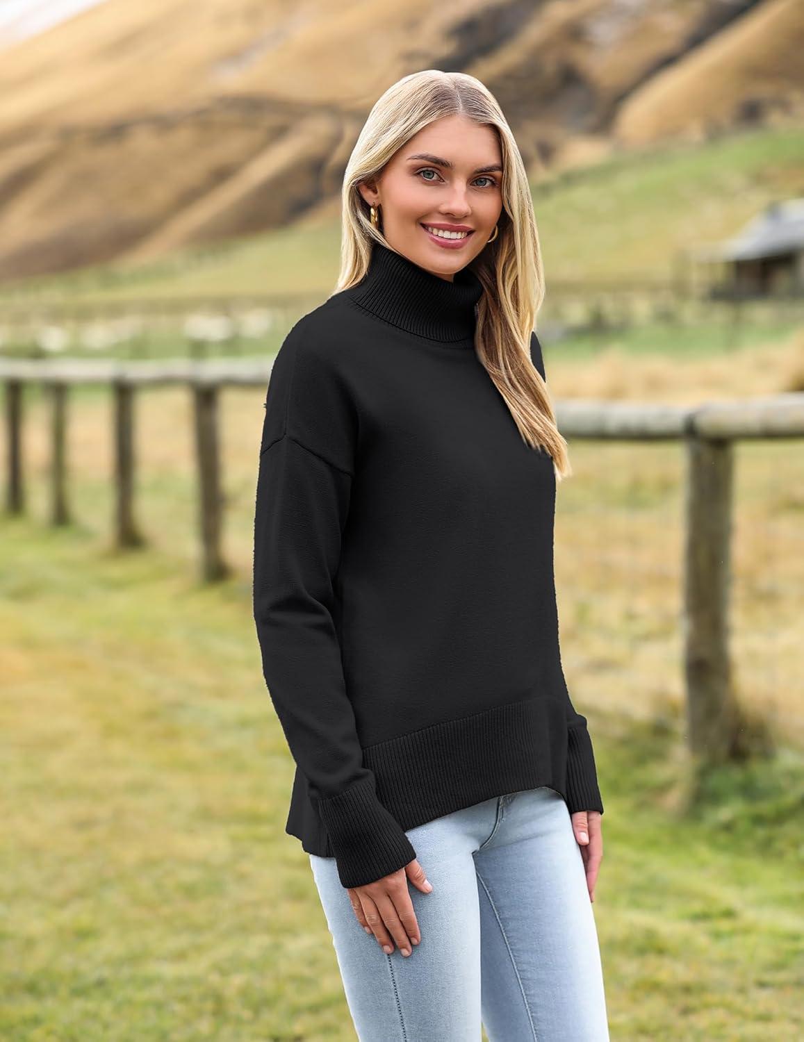 imageZeagoo Womens Turtleneck Sweater 2025 Fall Winter Chunky Knitted Pullover High Low Hem Trendy Basic Jumper TopBlack