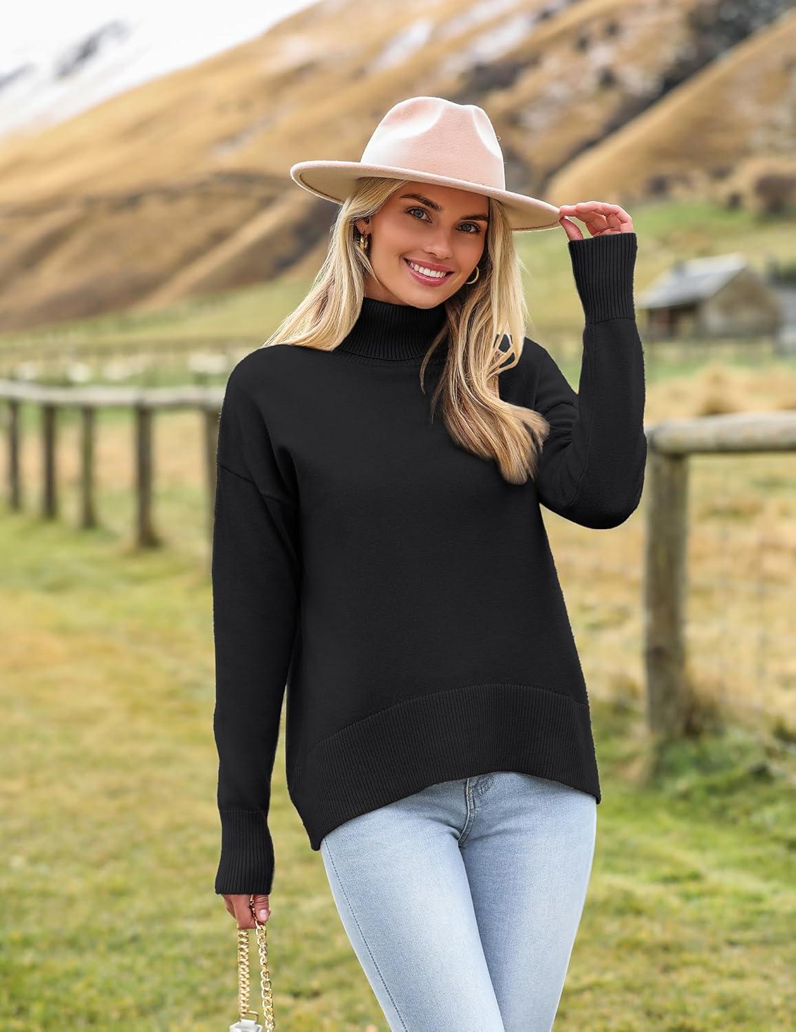 imageZeagoo Womens Turtleneck Sweater 2025 Fall Winter Chunky Knitted Pullover High Low Hem Trendy Basic Jumper TopBlack