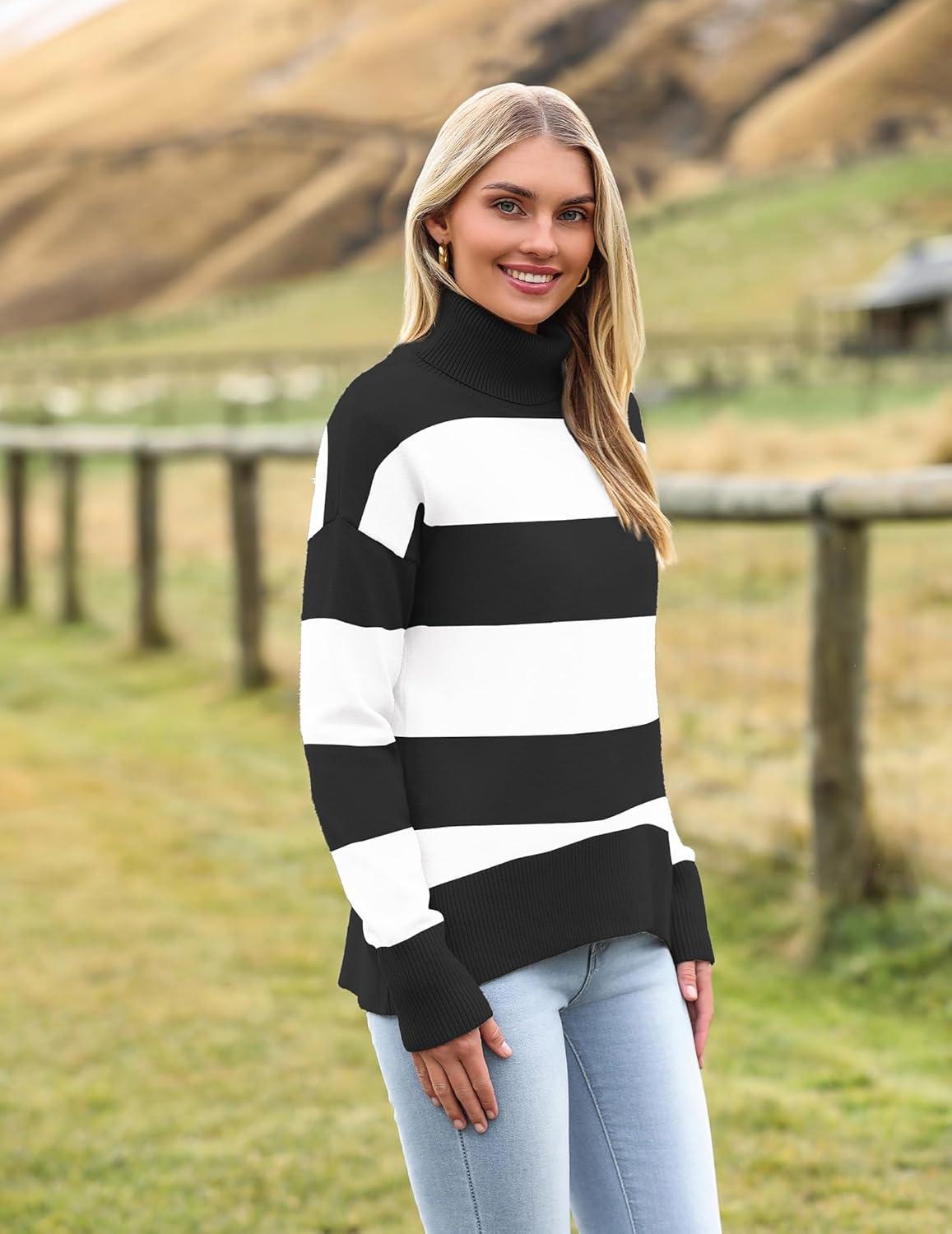 imageZeagoo Womens Turtleneck Sweater 2025 Fall Winter Chunky Knitted Pullover High Low Hem Trendy Basic Jumper TopBlack Stripe