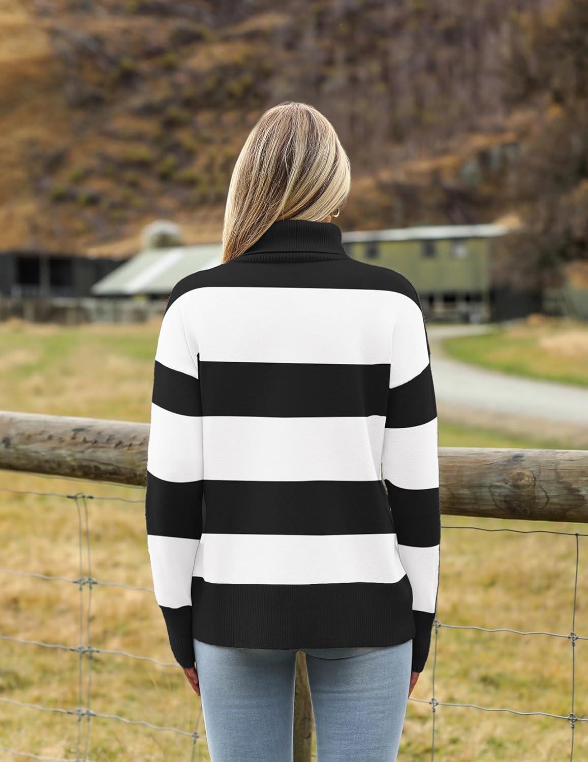 imageZeagoo Womens Turtleneck Sweater 2025 Fall Winter Chunky Knitted Pullover High Low Hem Trendy Basic Jumper TopBlack Stripe
