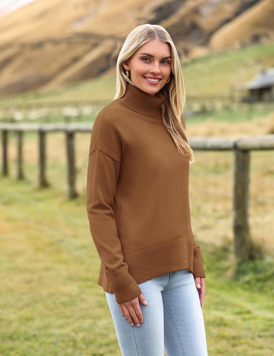 imageZeagoo Womens Turtleneck Sweater 2025 Fall Winter Chunky Knitted Pullover High Low Hem Trendy Basic Jumper TopBrown